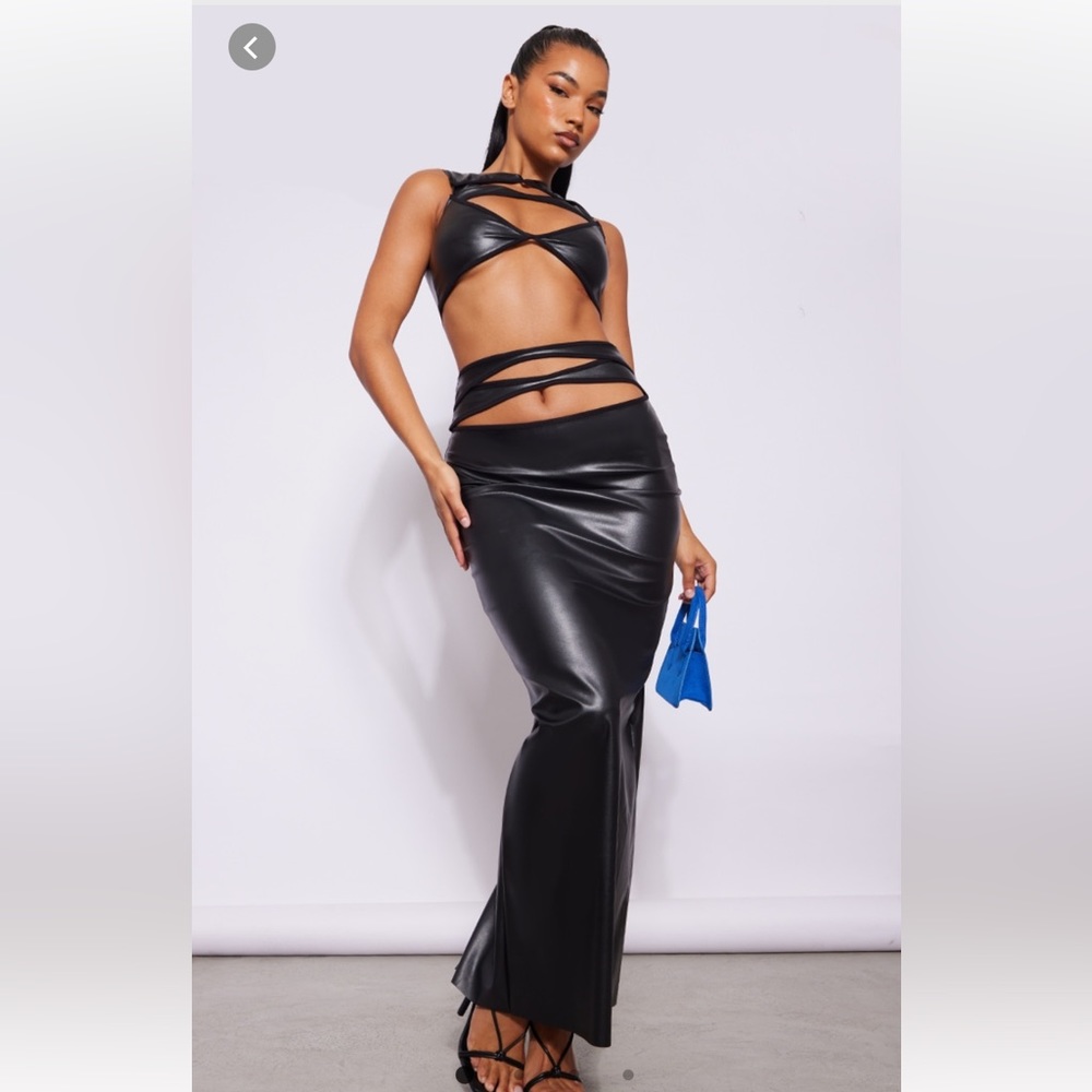 Black faux leather cut out top and skirt